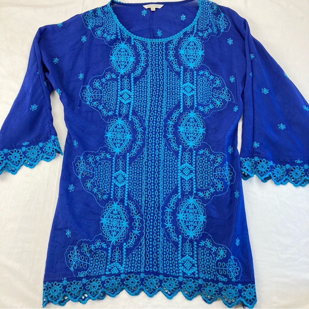 John Mark Royal Blue Embroidered Eyelet Tunic Top Blouse Medium
